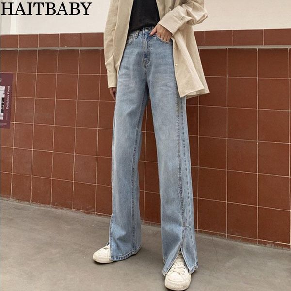 

baggy high waist women's jeans 2021 streetwear light colour straight pants harajuku fashion denim trouser split nzk013, Blue