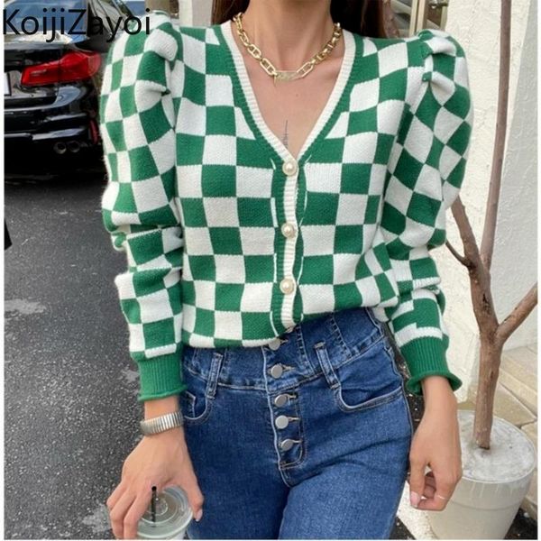 

women's knits & tees koijizayoi women plaid knit cardigan long puff sleeves fashion ol chic korean kardigan v neck fall winter sweater, White