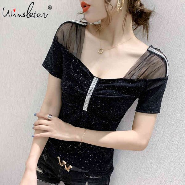 

women's t-shirt summer korean clothes t-shirt fashion shiny diamonds drape women ropa mujer short sleeve patchwork mesh tees, White
