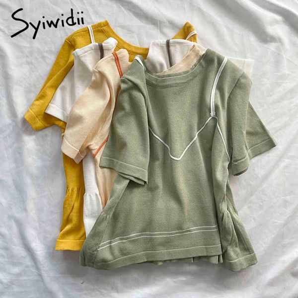 

syiwidii t shirts for women patchwork fake 2 pieces summer spandex stretch knitted white green yellow korean ruffles 210417