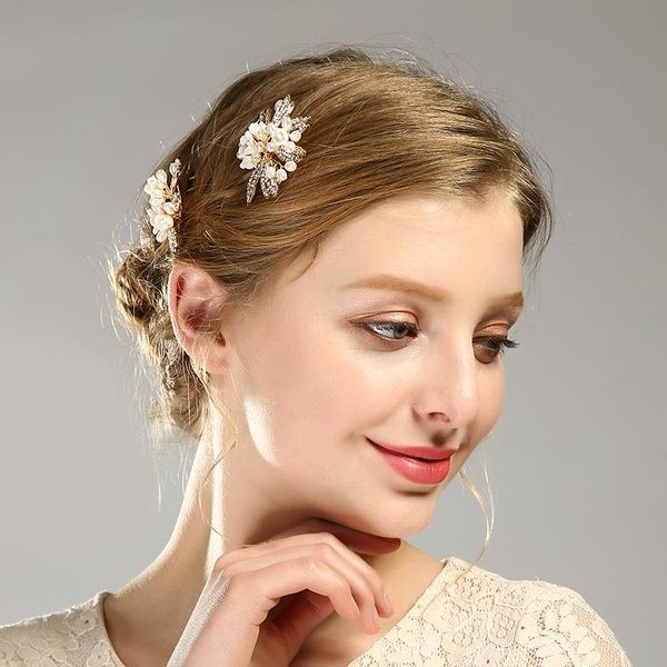 

hair clips & barrettes bridal pin stick with hand-painted gold leaves, freshwater pearl and crystal sprays ea, Golden;silver