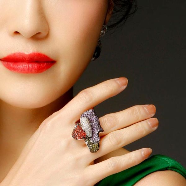 

cluster rings beautiful big flower mix color zircon bohemia trendy jewelry large ring for party, Golden;silver