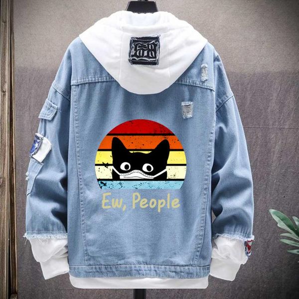 

men's jackets mask kawaii cat ew people print casual denim jacket streetwear men hip hop harajuku jean outerwear plus size autumn coat, Black;brown