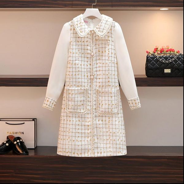 

women dress plus size fashion woollen autumn winter plaid tweed patchwork chiffon peter pan collar pockets a line, Black;gray
