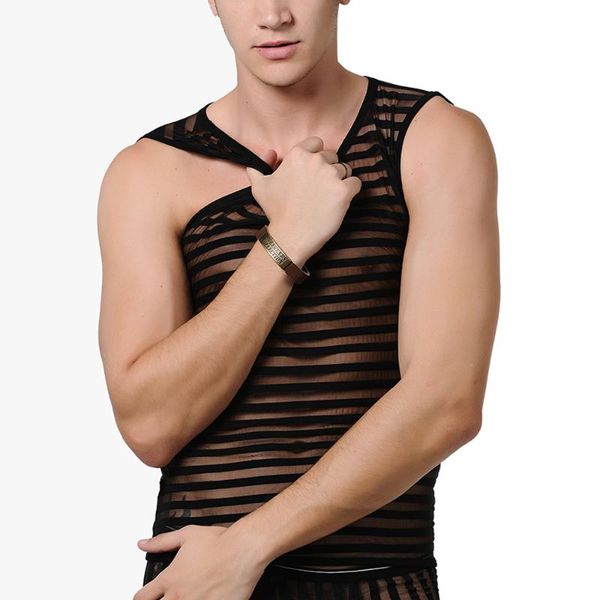 

men' tank transparent fashion men stripe breathable sleeveless vest summer nightclub clothes see through casual, White;black