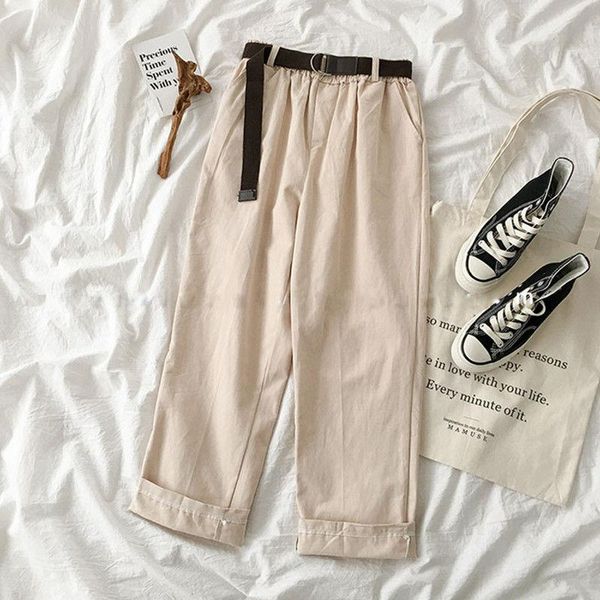 

women's pants & capris women casual solid wasitband large size 4xl straight all-match sashes pant womens loose trousers 4-color ulzzang, Black;white