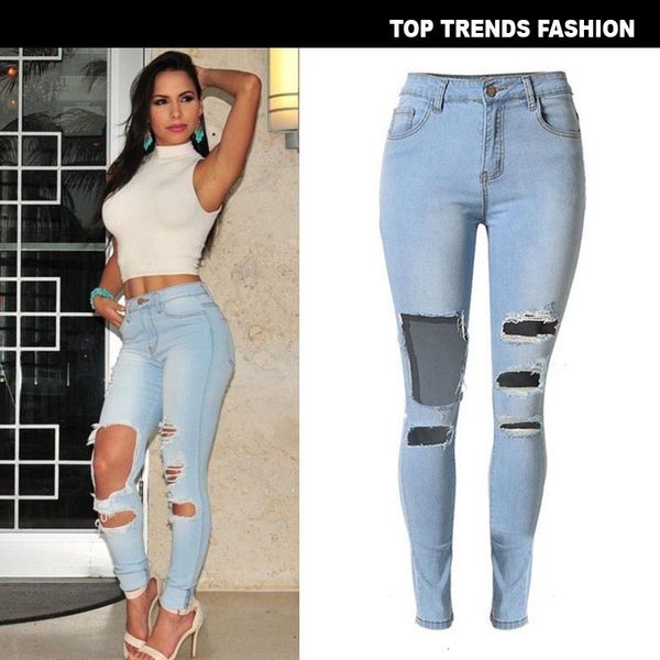 

the women's jeans with holes are slim fit and have a large size ab, Blue