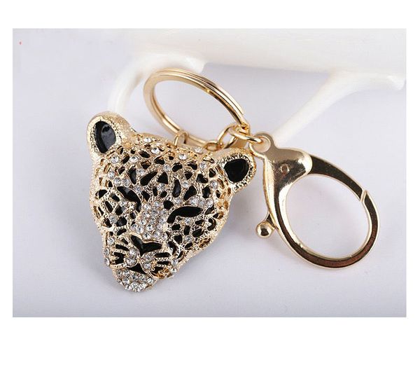 Metal chaveiro anel com diamante leopardo cabeça pendente acessórios acessórios carro keychain roupas