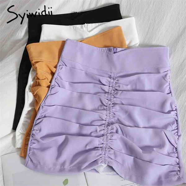 

high waist mini skirt women back zipper folds a-line unicolor summer clothes korean fashion purple white black 210607