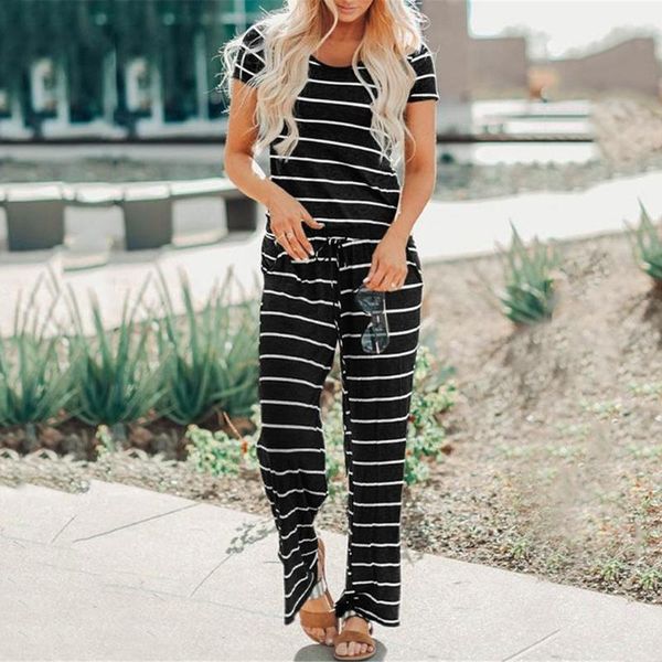 

women's jumpsuits & rompers women striped loose elastic waist lace up catsuit long romper casual pocket overalls, Black;white
