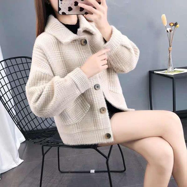

women's wool & blends fashion imitation mink autumn winter coat women jacket warm cropped jackets overcoat single breasted outw, Black