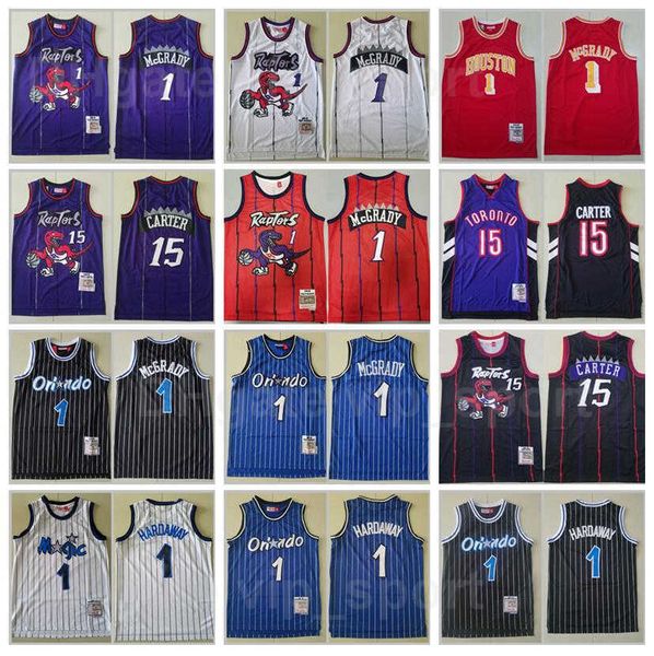 

men retro basketball mitchell and ness vince carter jersey 15 penny hardaway tracy mcgrady 1 stripe black blue color white purple red for