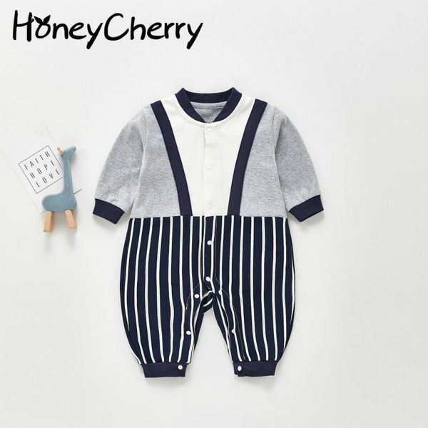 

jumpsuits 2021 spring boy baby romper fake two piece splicing sling jumpsuit striped casual climbing, Blue