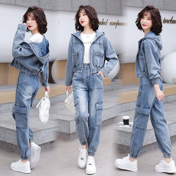 

women's two piece pants 2021 spring autumn women fashion high street denim suit long sleeve + waist harem suits sets x327, White