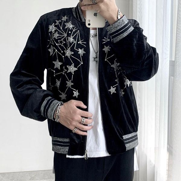 

men's jackets european star rhinestones zipper baseball jacket men coat 2021 autumn retro high street couple bomber male, Black;brown