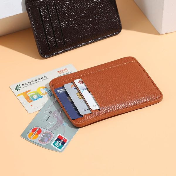 

card holders 1 pcs pu leather id holder candy color bank multi-slot ultra-thin business for men and women, Brown;gray