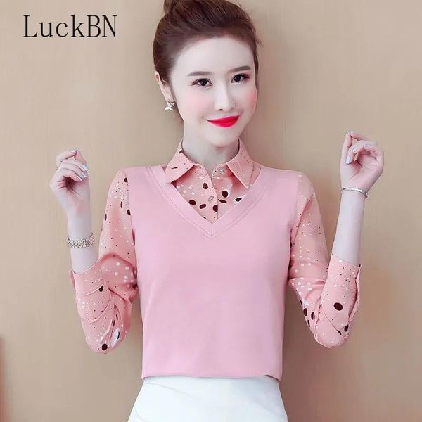 

women's blouses & shirts spring autumn womens plaid long sleeved shirt sweater loose fake two-piece feminina turn-down collar 2021, White