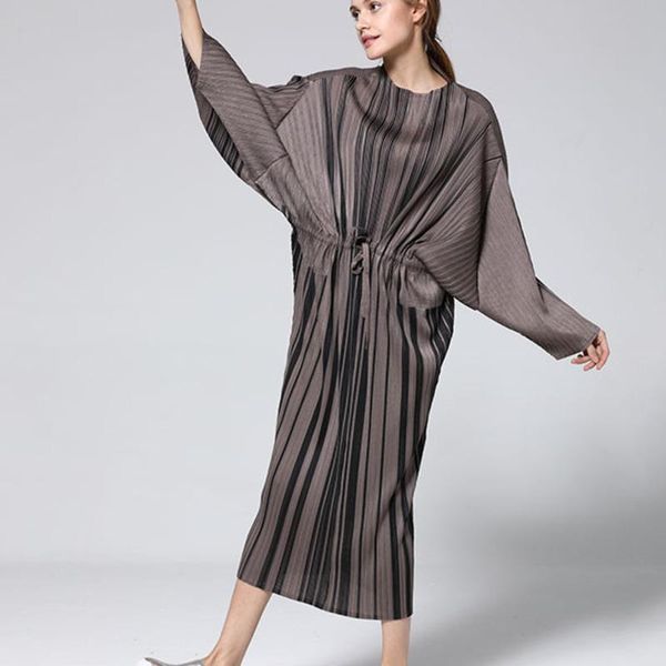 

casual dresses fashion tide spring summer women loose plus lantern sleeves pleated striped long-sleeved dress tc222, Black;gray