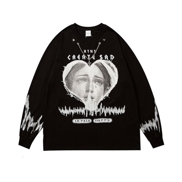 

high street rap print necklace long sleeve pullover men's large round neck sweater youth hip hop fashion, Black