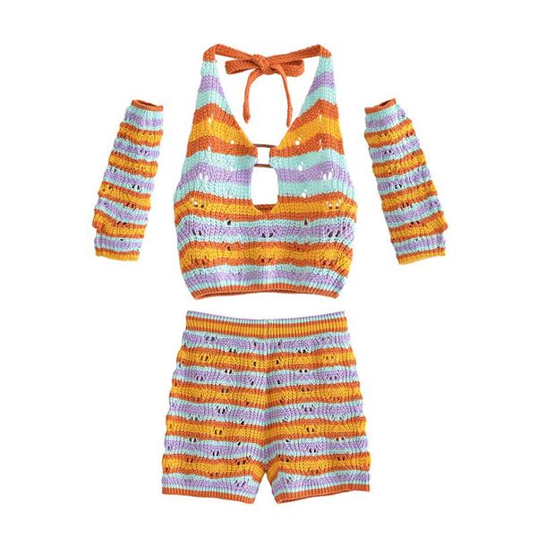 

women's tracksuits jastie 2021 summer boho sets rainbow color stitching v-neck hollow lace up backless sling elastic waist short pants, Gray