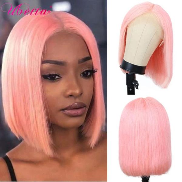 

slightly colored human hair wigs 13x4 pink bob lace front wig straight pre plucked with baby for black women, Black;brown