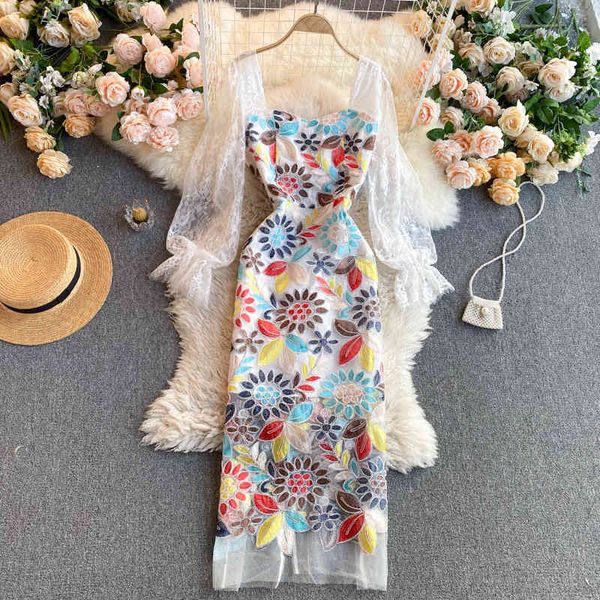 

dresses chic mesh embroidery lace women french elegant slim party spring high fashion streetwear split midi, Black;gray