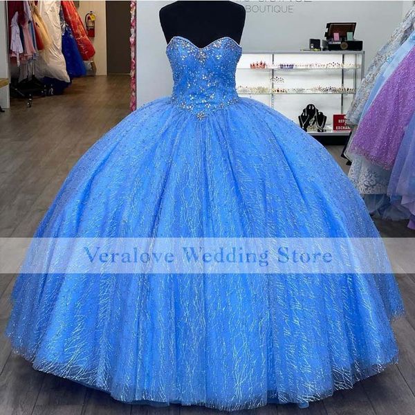 Blaue Pailletten funkelndes Quinceanera-Kleid 2022 Schatz-Ballkleid-Abschlussball-Kleider Vestido De 15 Anos Quinceaneras 2022