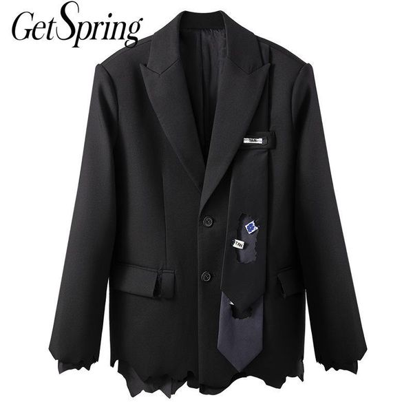 

women suit blazer asymmetry patchwork black blazers jackets irregular vintage casual coats 210430, White;black