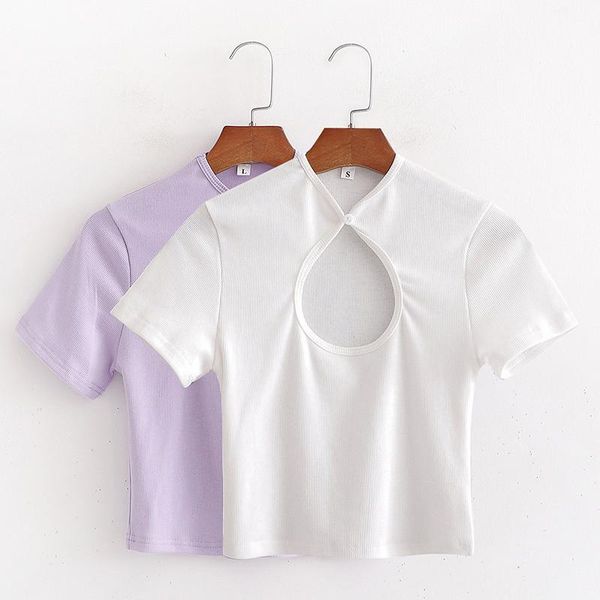 

women's t-shirt women summer fashion hollow out bust solid short 2021 lady sleeve white -tee feamle casual tshirts