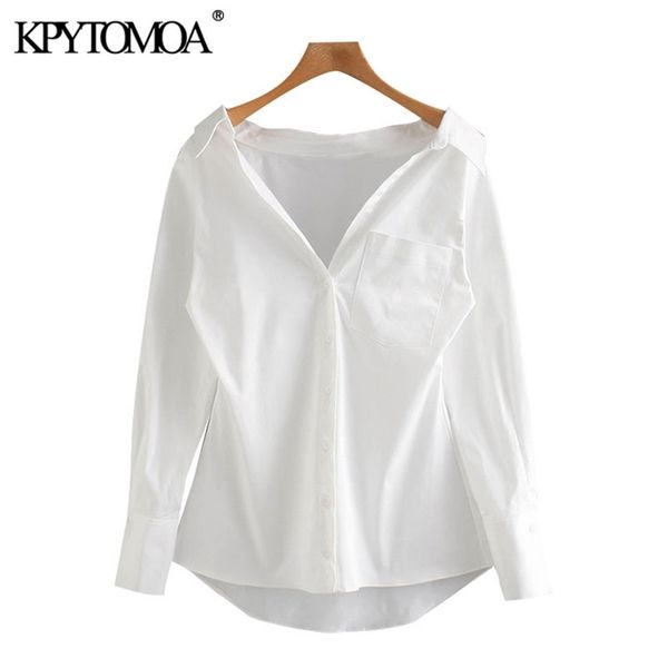 

women fashion with pockets asymmetric blouses vintage long sleeve button-up female shirts chic 210421, White