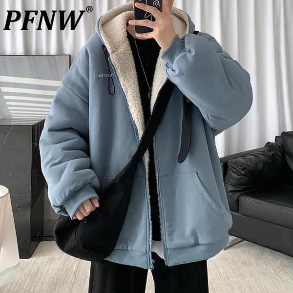 

men's down & parkas pfnw 2021 winter lamb wool jacket cotton clothes korean fashion ins hoodies plush thickened warm coats trends 12x06, Black