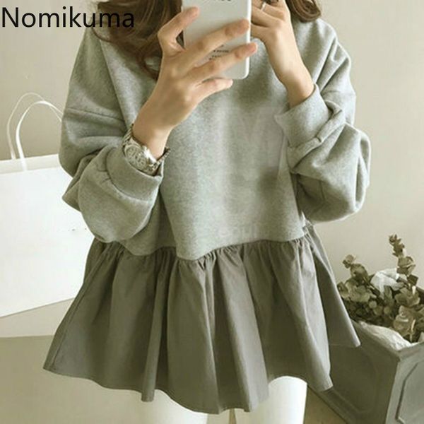 

nomikuma causal ruffle patchwork pullover sweatshirt autumn long sleeve o-neck hoodies korean fake two pieces jumper 6d207 210427, Black