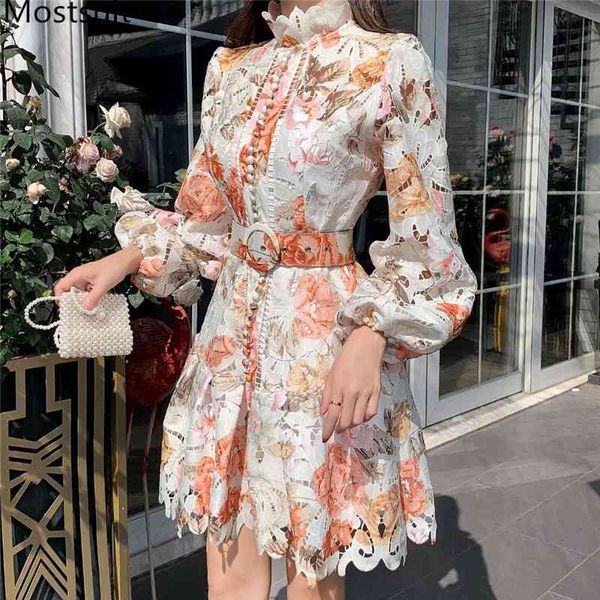 

runway fashion colorful printed sashes mini dress women lantern sleeve single-breasted belted party vintage elegant vestido 210518, Black;gray