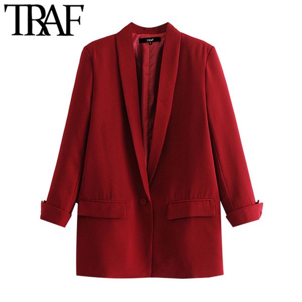 

traf women fashion office wear pockets blazer coat vintage three quarter sleeve female outerwear chic 210415, Black;brown