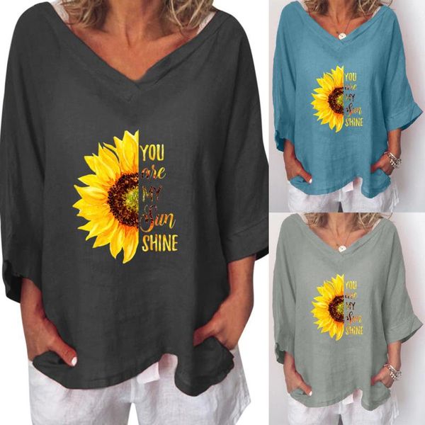 

loose casual women's v-neck personality print seven-part sleeve cotton linwomen summer creativity cute t-shirt 2021, White
