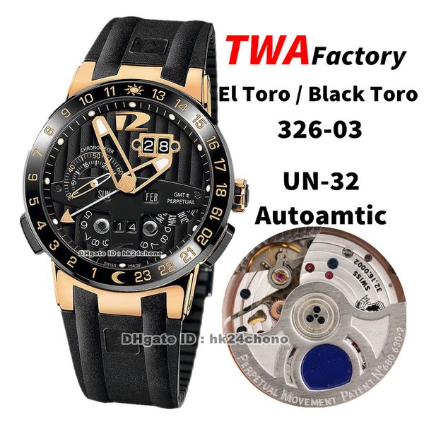 Relógios TWA Factory 326-03 El Toro / Black Toro GMTﾱ Calendário perpétuo Ouro rosa UN-32 Autoamtic Relógio masculino com bisel de cerâmica Relógios de pulso masculinos com mostrador preto e pulseira de borracha