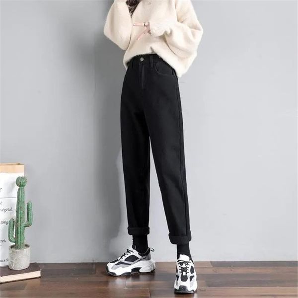 

women's jeans "winter thick warm harem vintage high waist plus velvet woman boyfriends ankle-length pants cowboy straight pant 202, Blue