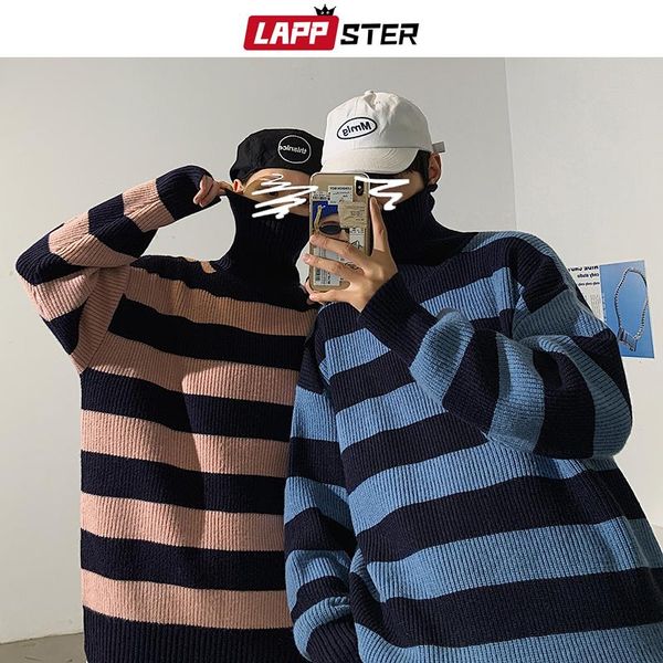 

men's vests lappster men harajuku vintage green sweater 2021 mens korean clothes oversized y2k male striped pullover turtleneck 2xl, Black;white