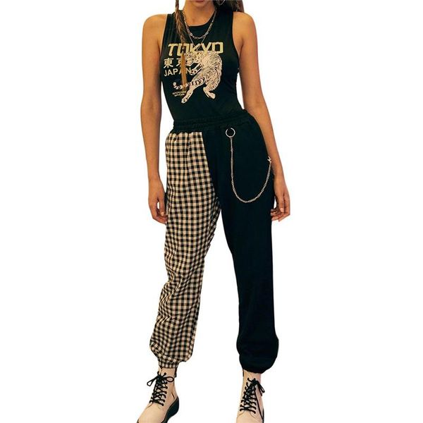 

women's jogger pants high-waist trousers patchwork plaid casual loose decorative chain wear sports bottoms 2021 arrival & capris, Black;white