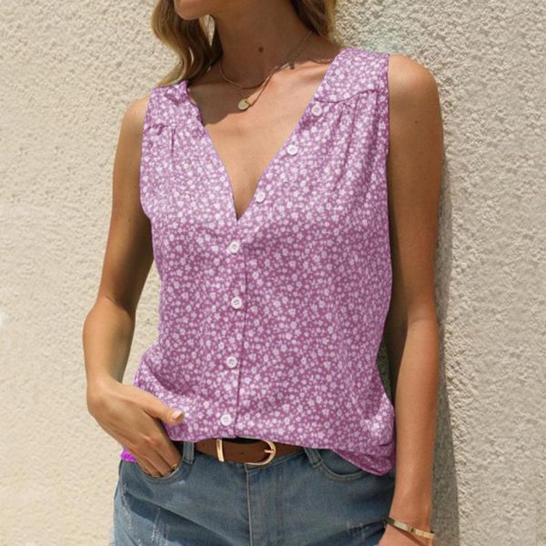

women's blouses & shirts casual womens v-neck loose all-match prints blouse summer temperament sleeveless floral button camisetas de, White