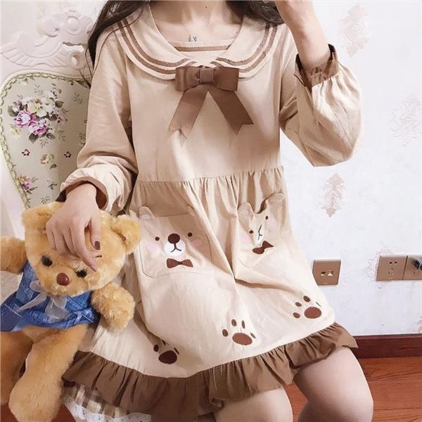 

kawaii lolita girls soft sweet women dresses style japan cute bear print spring bow tea cosplay, Black;gray