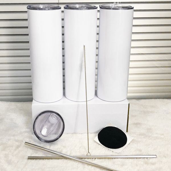 

wholesale 20oz 30oz sublimation blanks straight tumbler stainless steel blank white cup with lid metal straw cylinder water bottle coffee