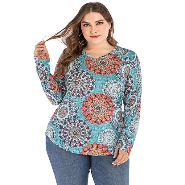 

plus size t-shirt 2021 autumn blouse women v neck long sleeve retro printing vintage clothing ladies tunic, Black
