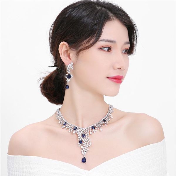 

earrings & necklace exotic full zircon bridal jewelry set copper plated platinum temperament two sets of multicolor optional, Silver