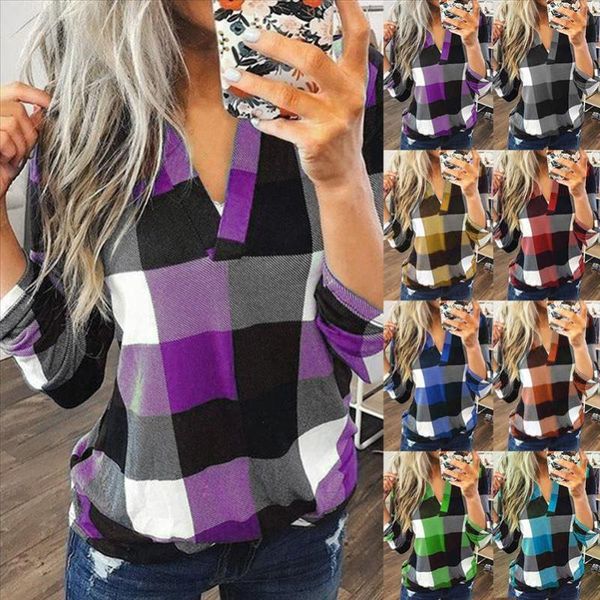 

fashion jacket shirt womens loose 2021 autumn winter women casual plaid blouse long sleeve v neck women's blouses & shirts, White