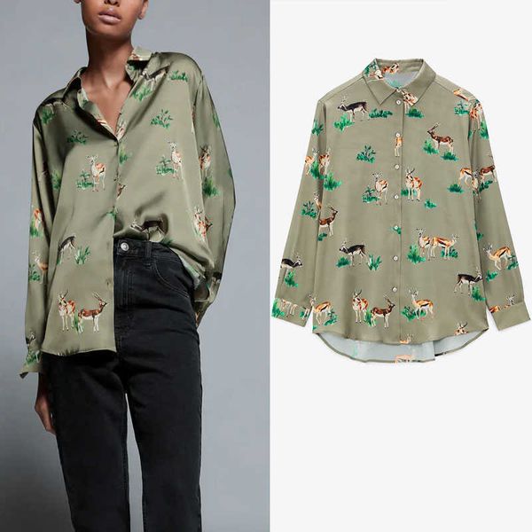

za animal print satin long shirt women vintage long sleeve lapel collar irregular female fashion plus size loose shirts 210602, White