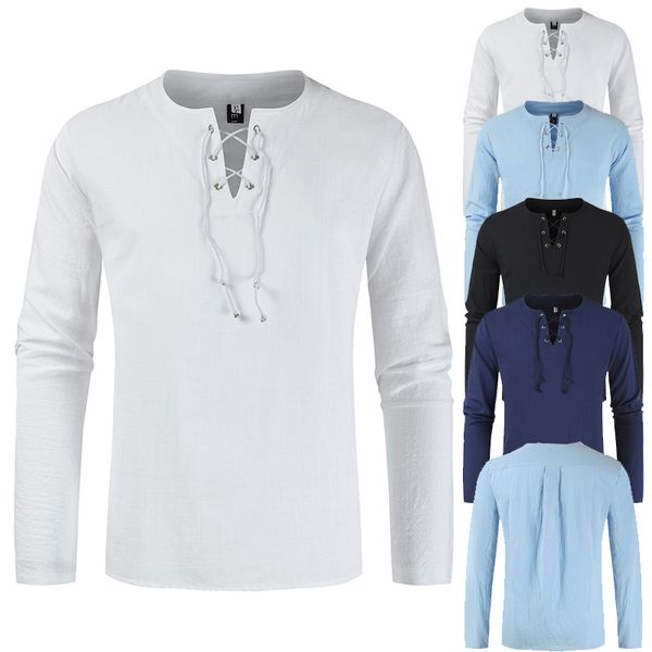 

summer men's casual corded round neck long sleeve shirt, White;black