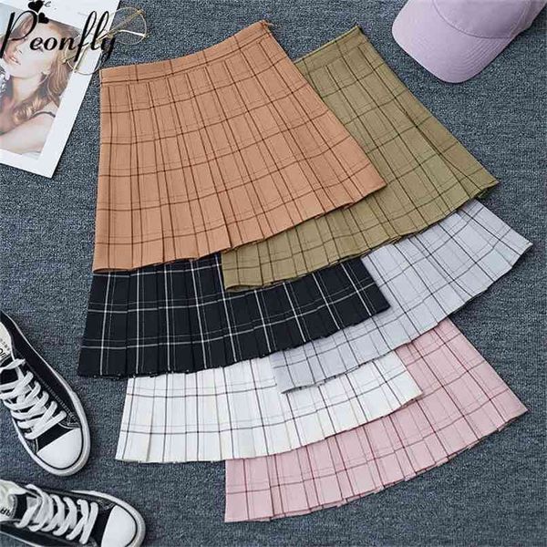 

peonfly sweet women pleated skirt fashion plaid a-line mini high waist chic kawaii summer casual ladies 210702, Black