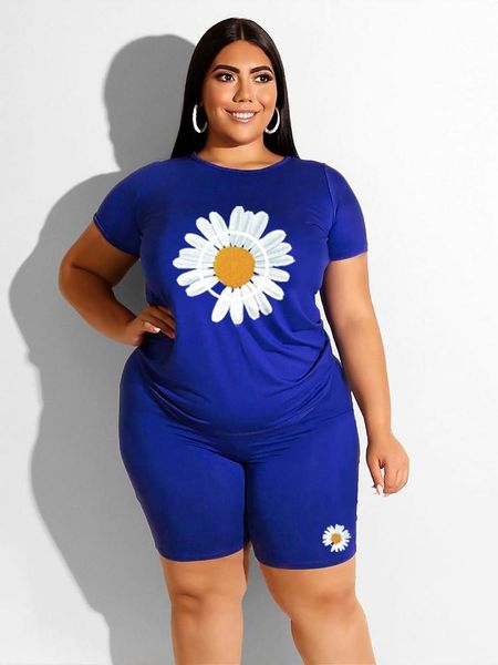 

women's tracksuits s-5xl small daisy printing two-piece large size round neck short-sleeved t-shirt + shorts fashion casual suit 2021, Gray