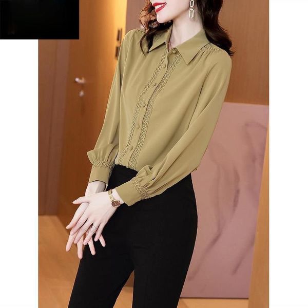 

women's blouses & shirts 2021 spring autumn women elegant solid hollow out office ladies casual turn down collar long sleeve m200, White